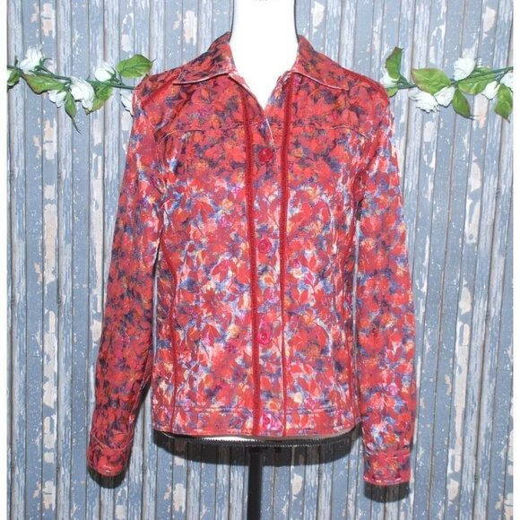 Reversible Ladies Red Floral Lightweight Jacket Size PS Button Up Casual Modest - Picture 7 of 11